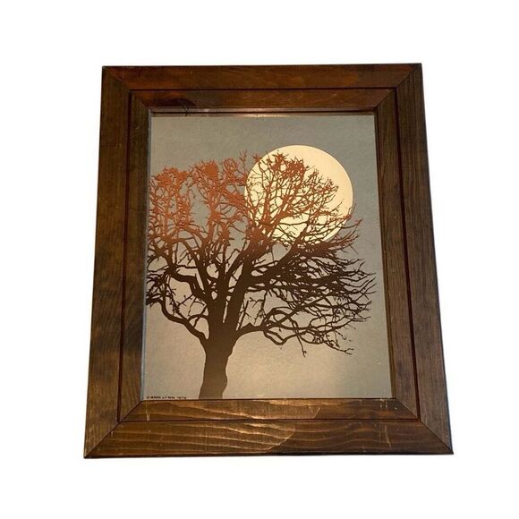 Vintage 1978 Ann Lynn Serigraph Tree and Moon Mirror Wood Frame - Picture 1 of 7